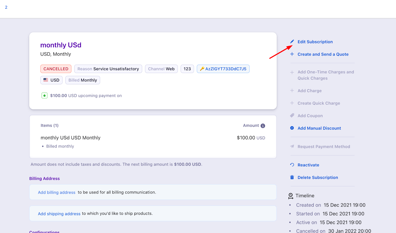 Edit Subscription page with subscription details