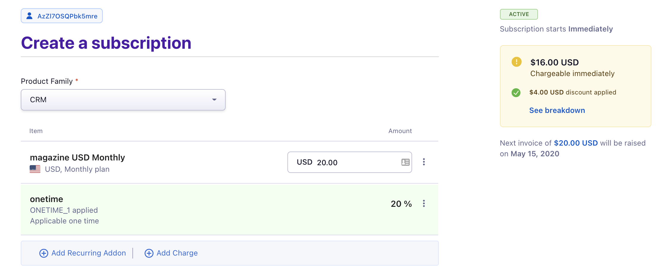 Subscription creation with coupon applied
