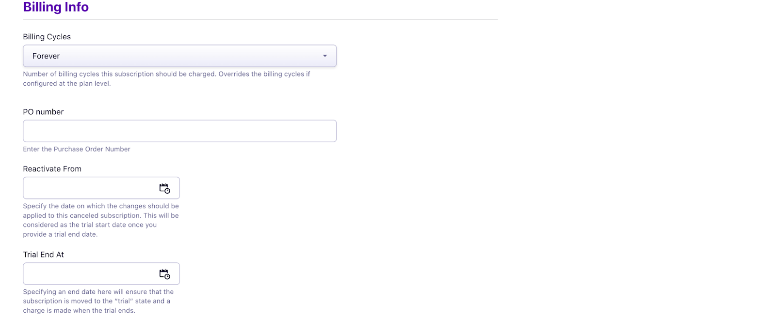 Billing Info section with Reactivate From and Trial End at date fields