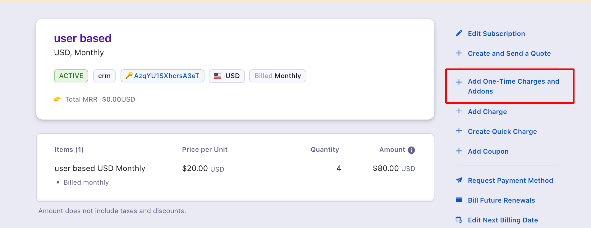 Add One-Time Charges and Addons page with Add One-Time Addon option