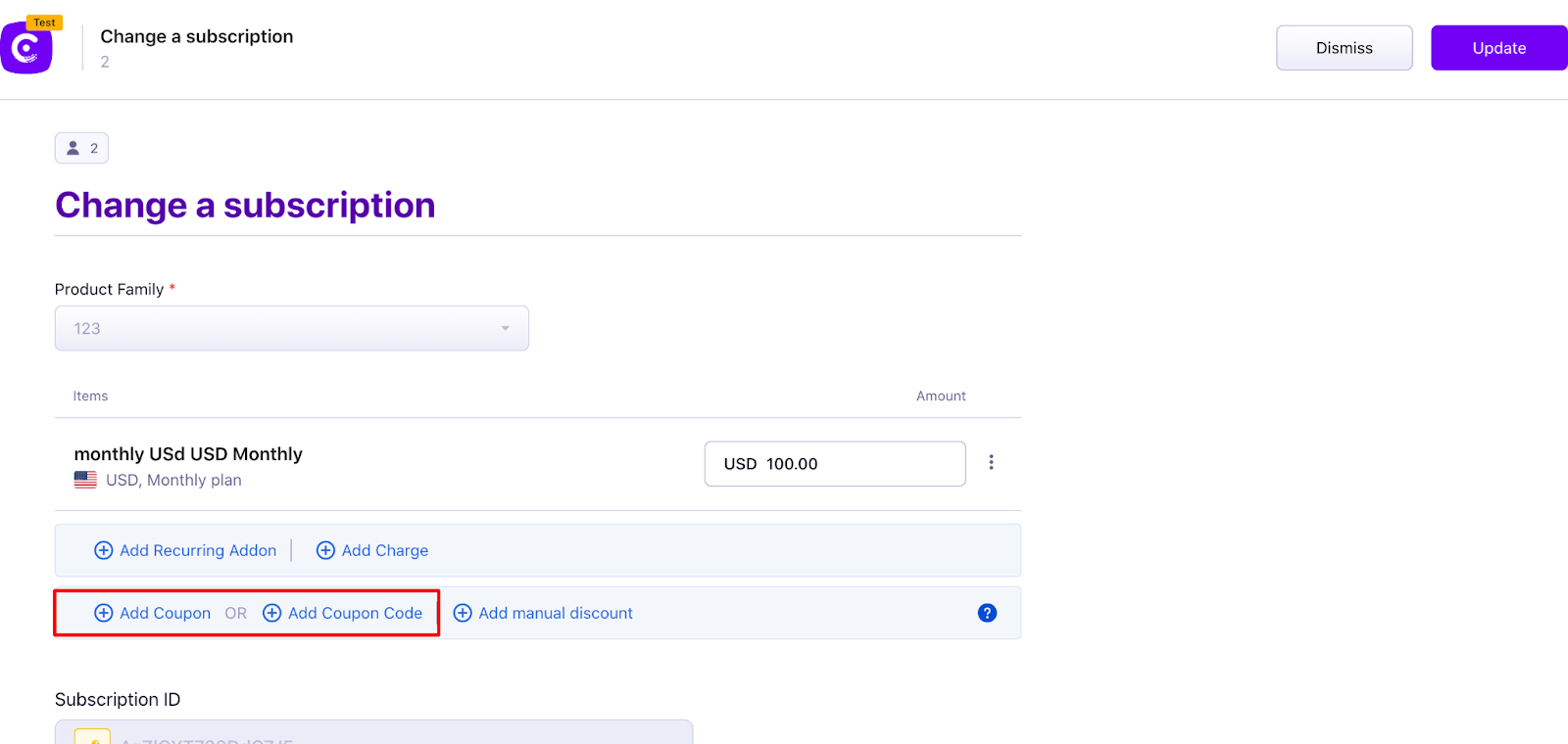 Add Coupon and Add Coupon Code options in subscription edit view