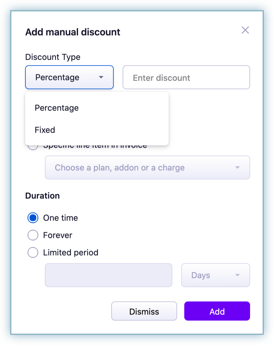 Add manual discount pop-up with discount type and duration options