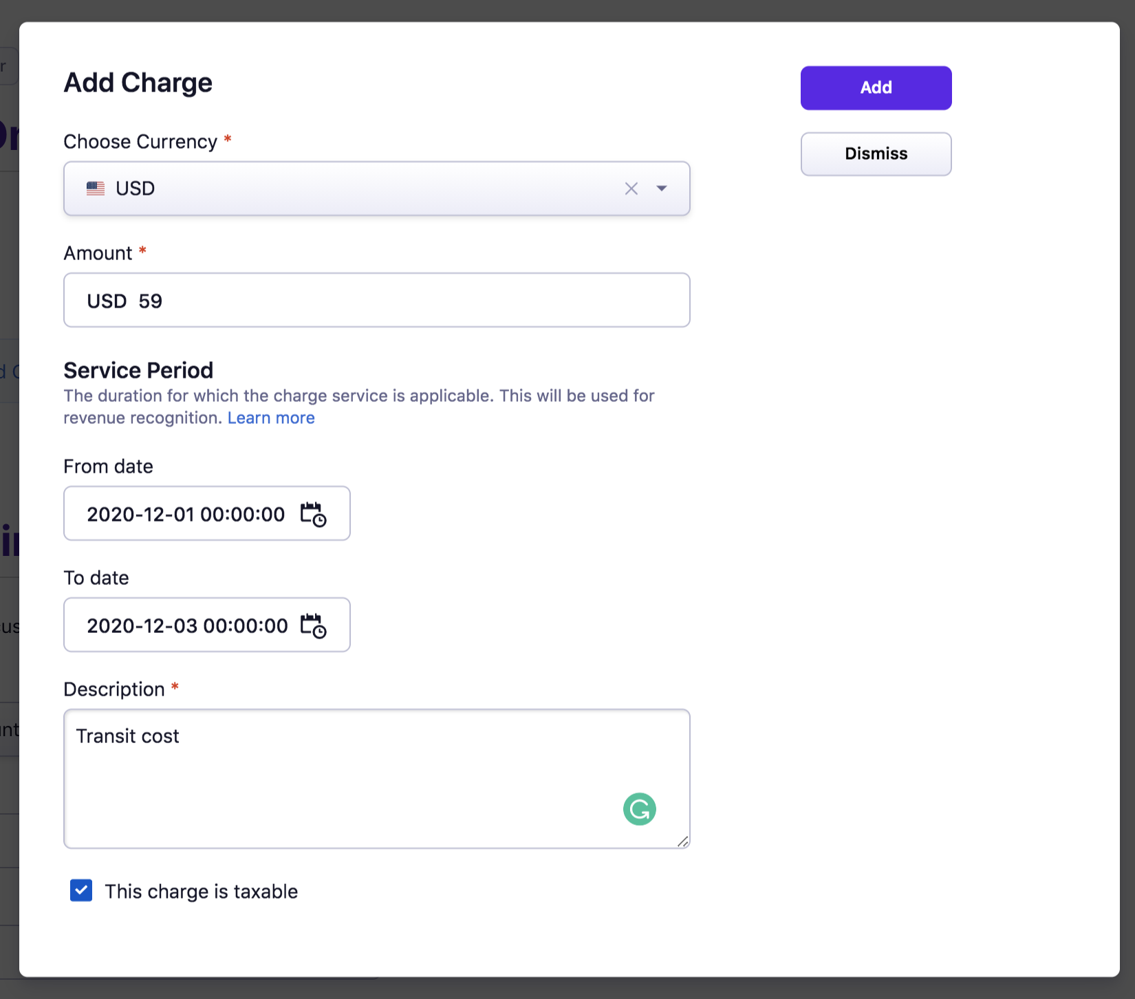 Add Charge pop-up with currency, amount, service period, and description fields