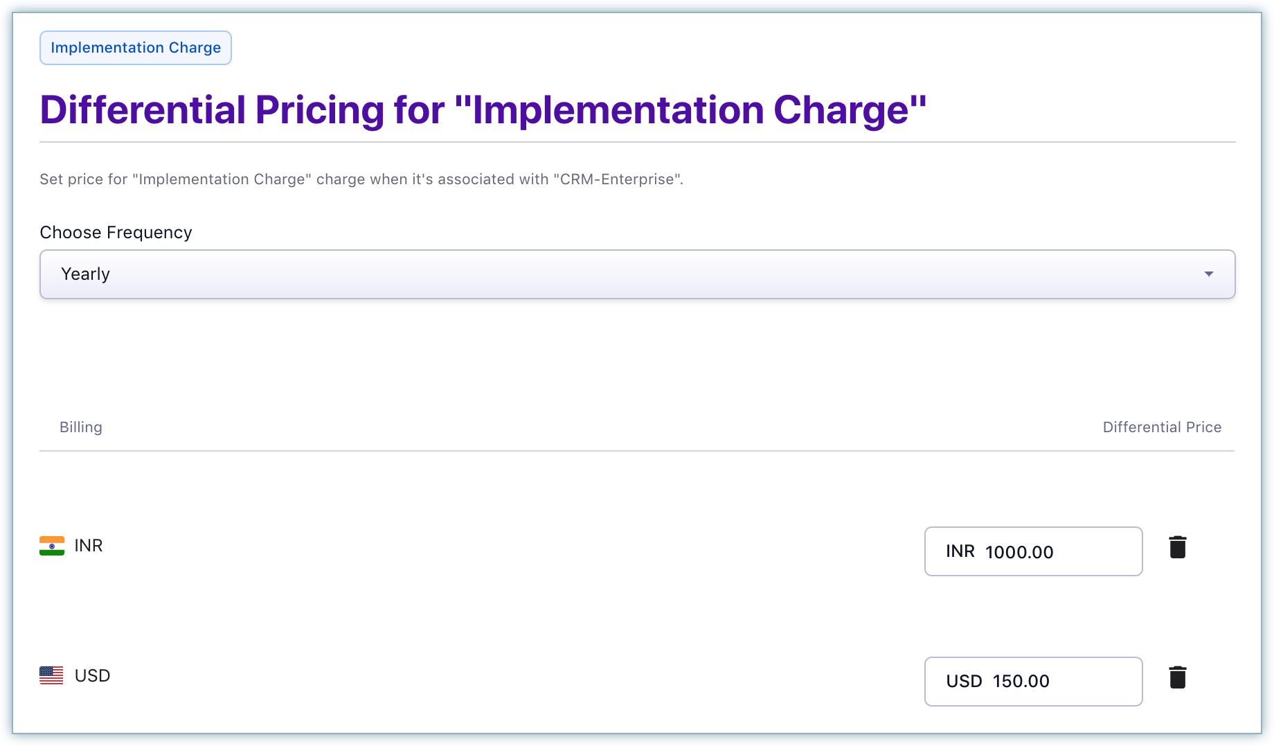 Differential pricing for Charge page with frequency and price selection
