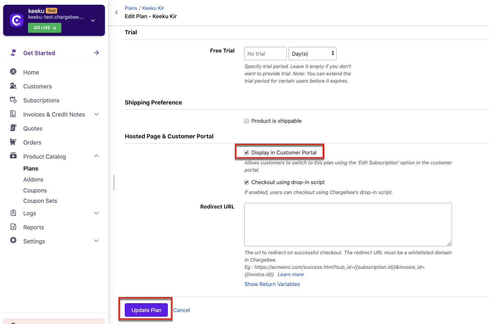 Plan page with Display in Customer Portal option