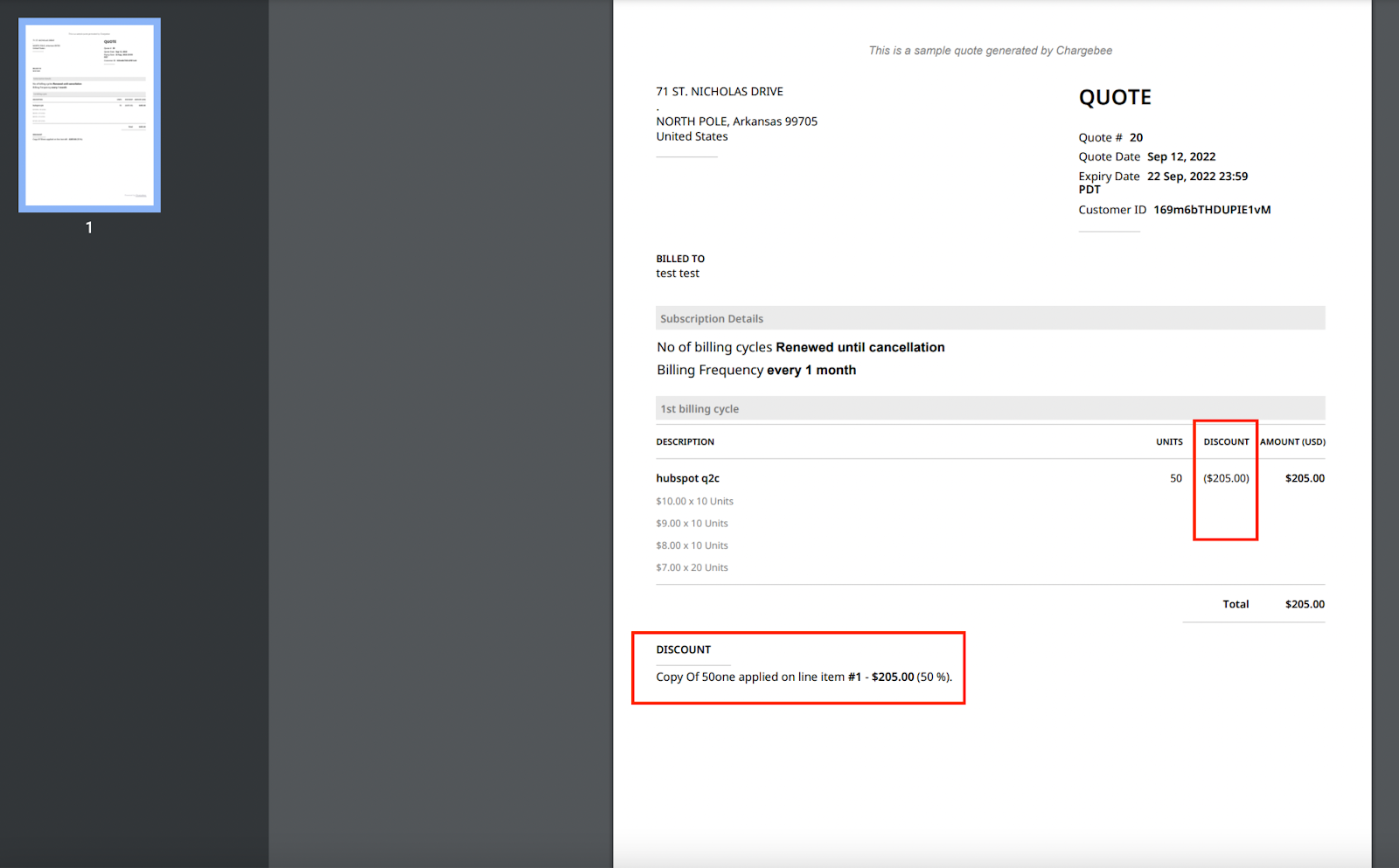 Quote PDF showing discount in left bottom box