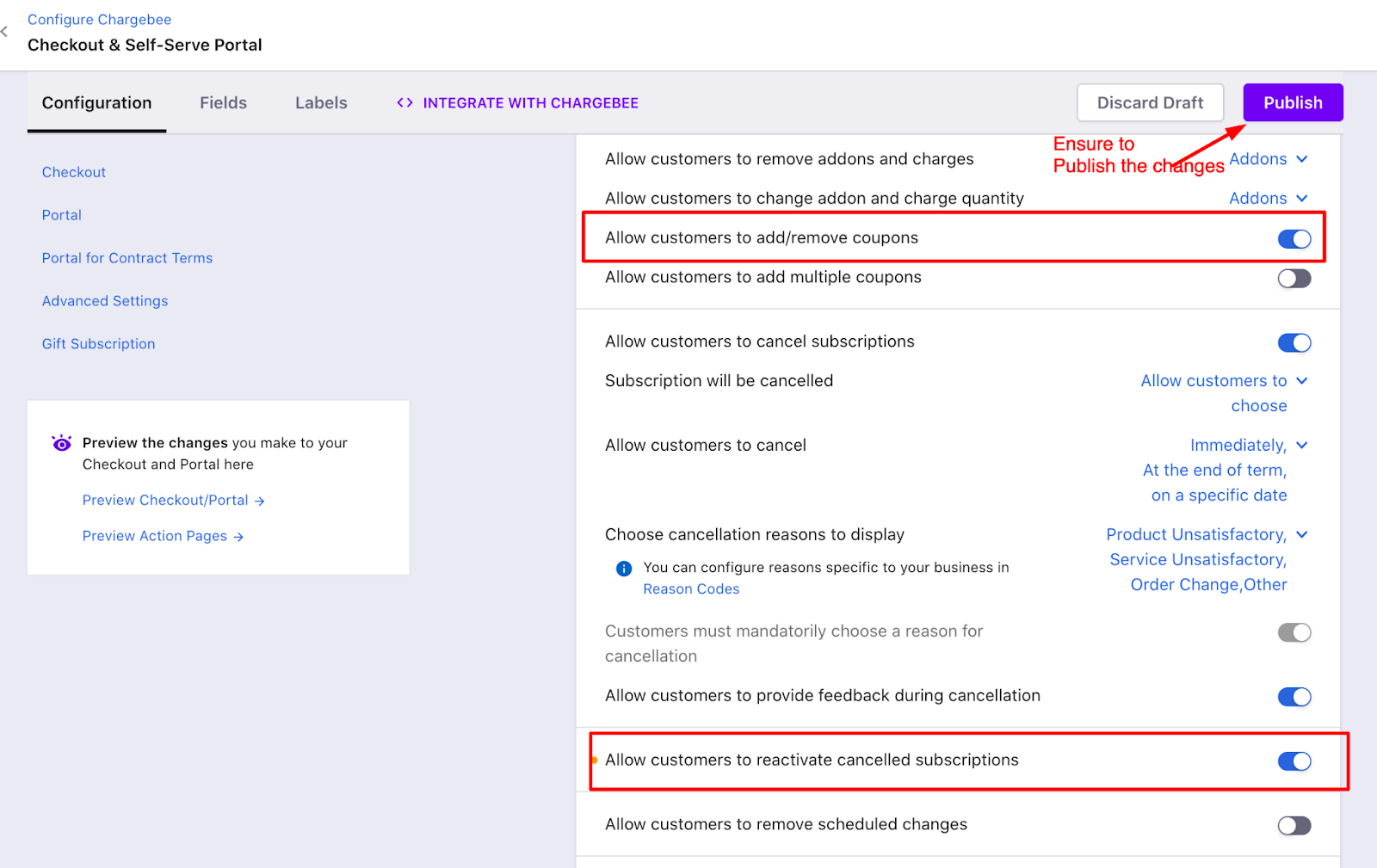 Self Serve Portal settings for coupons and reactivation