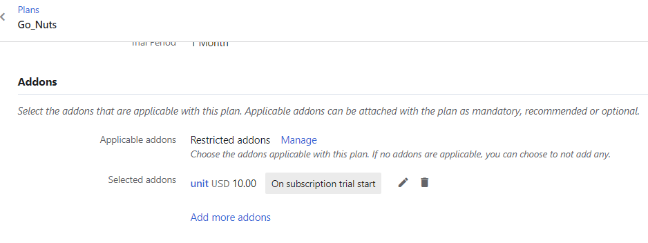 Addon configuration showing On subscription trial start event option