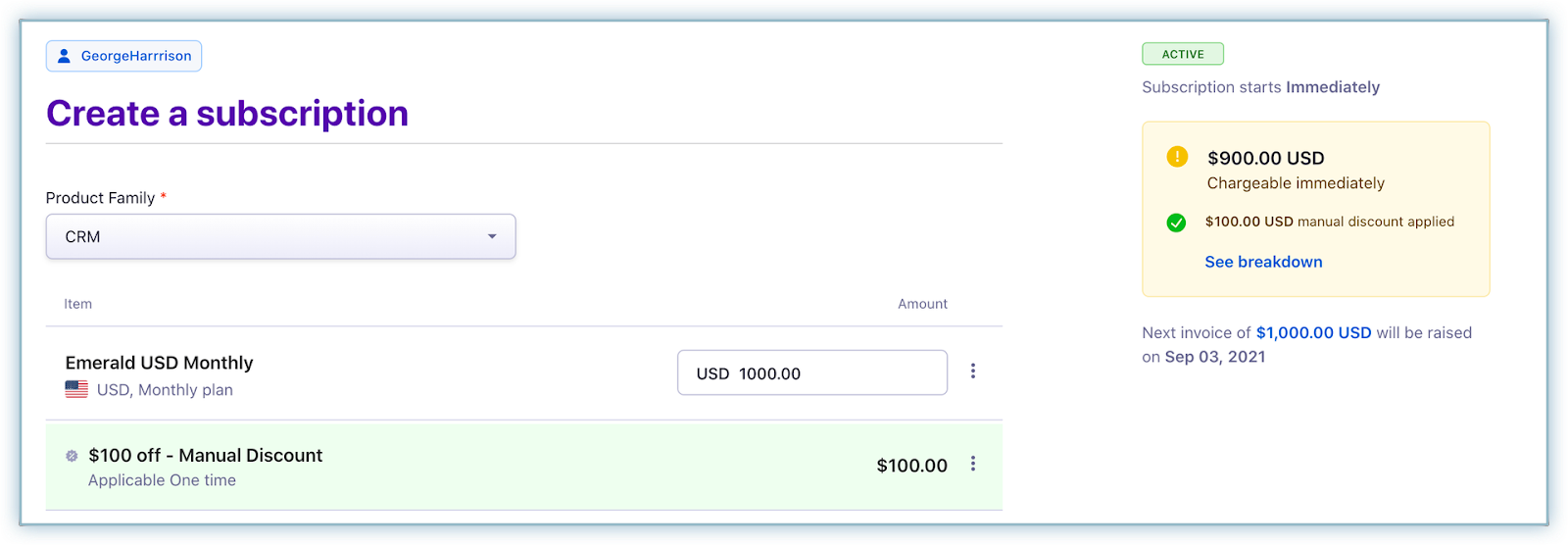 Subscription preview with manual discount breakdown