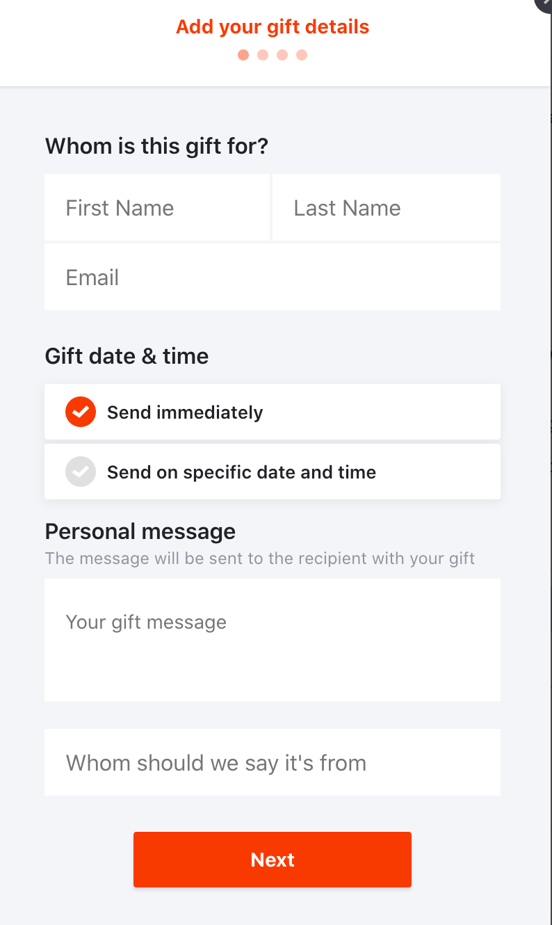 Gift plan checkout flow showing recipient email field
