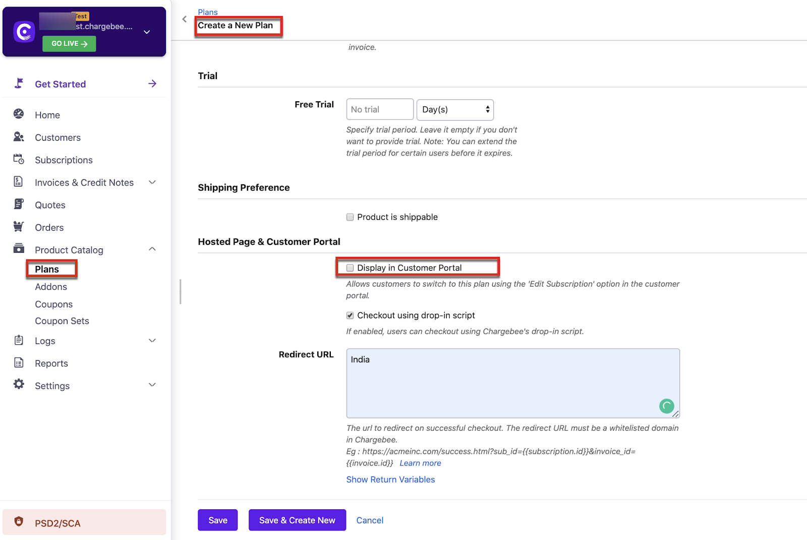 Plan edit page with Hosted Pages & Customer Portal section