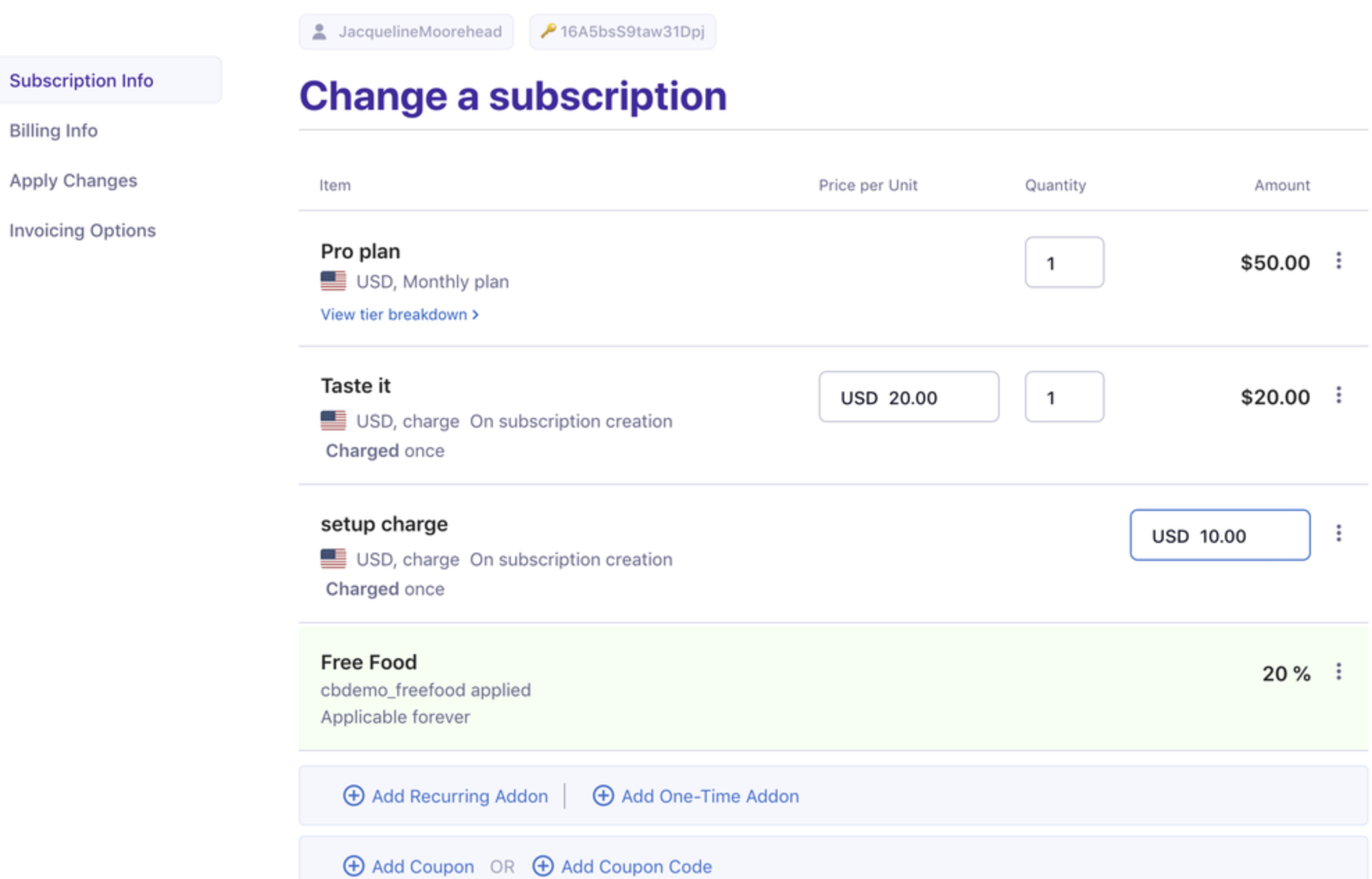 Change Subscription page with Add coupon option