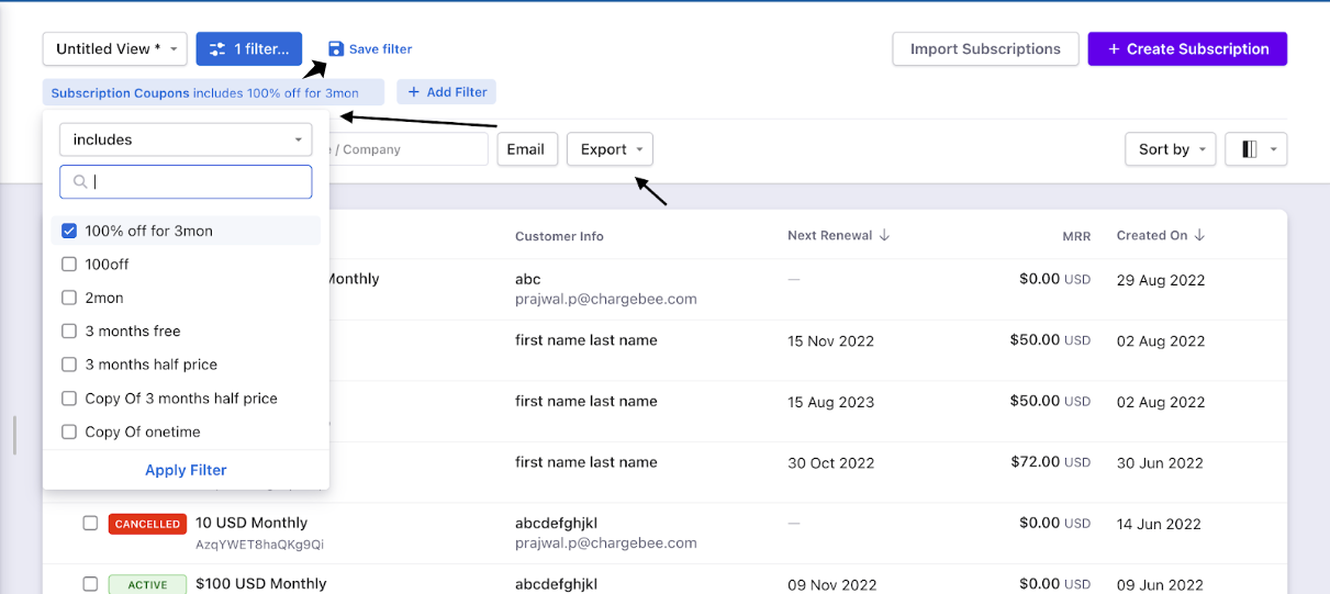 Subscription filter with Coupons Contains only option
