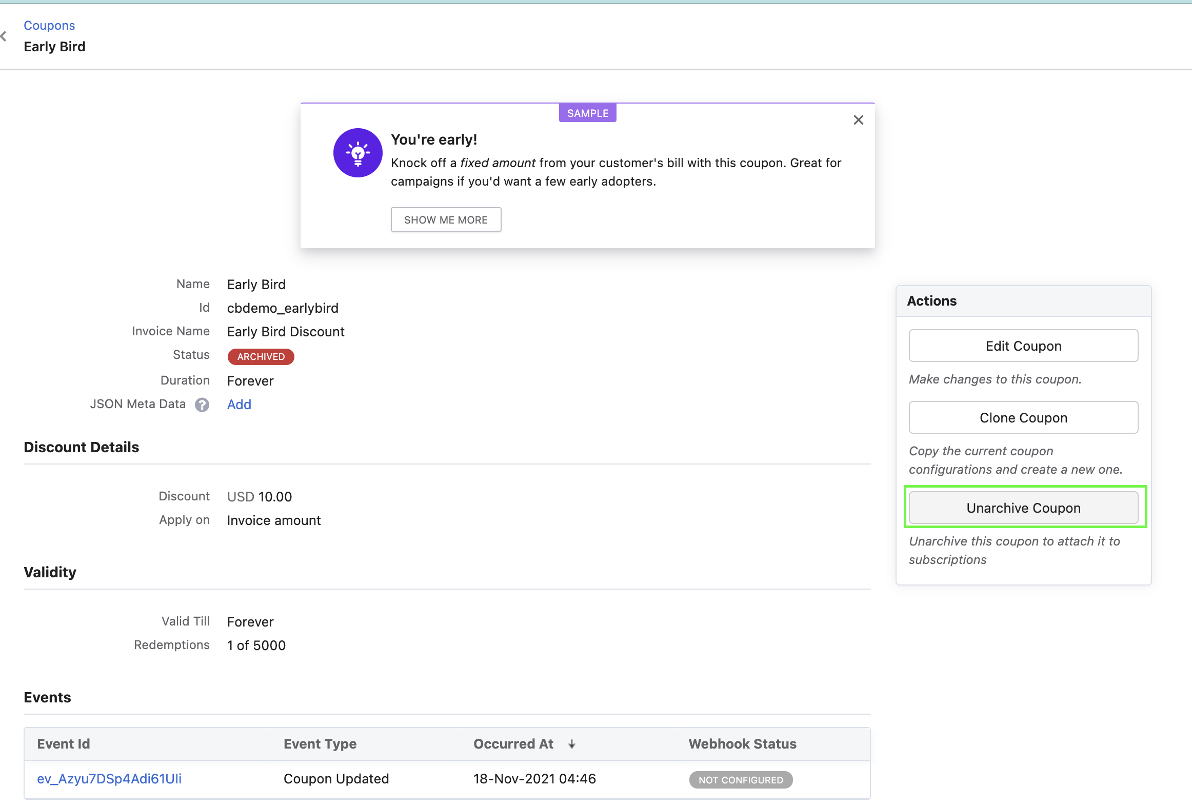 Unarchive coupon button on coupon action panel