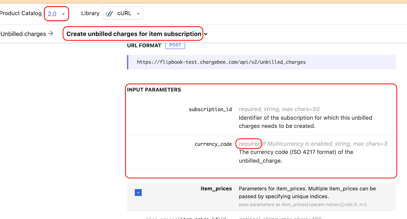 API documentation showing currency_code parameter for unbilled charges