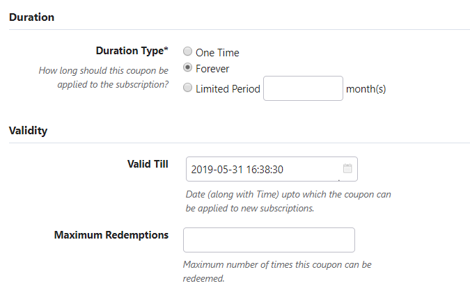 Coupon duration options: One Time, Forever, Limited Period