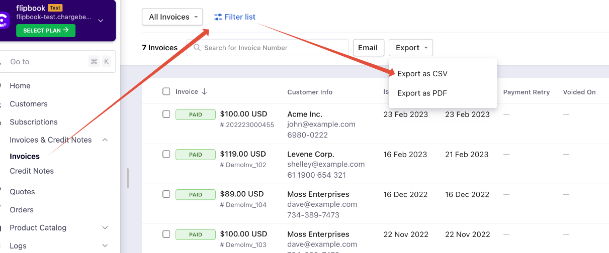 Invoices page with Export option and All Invoices filter