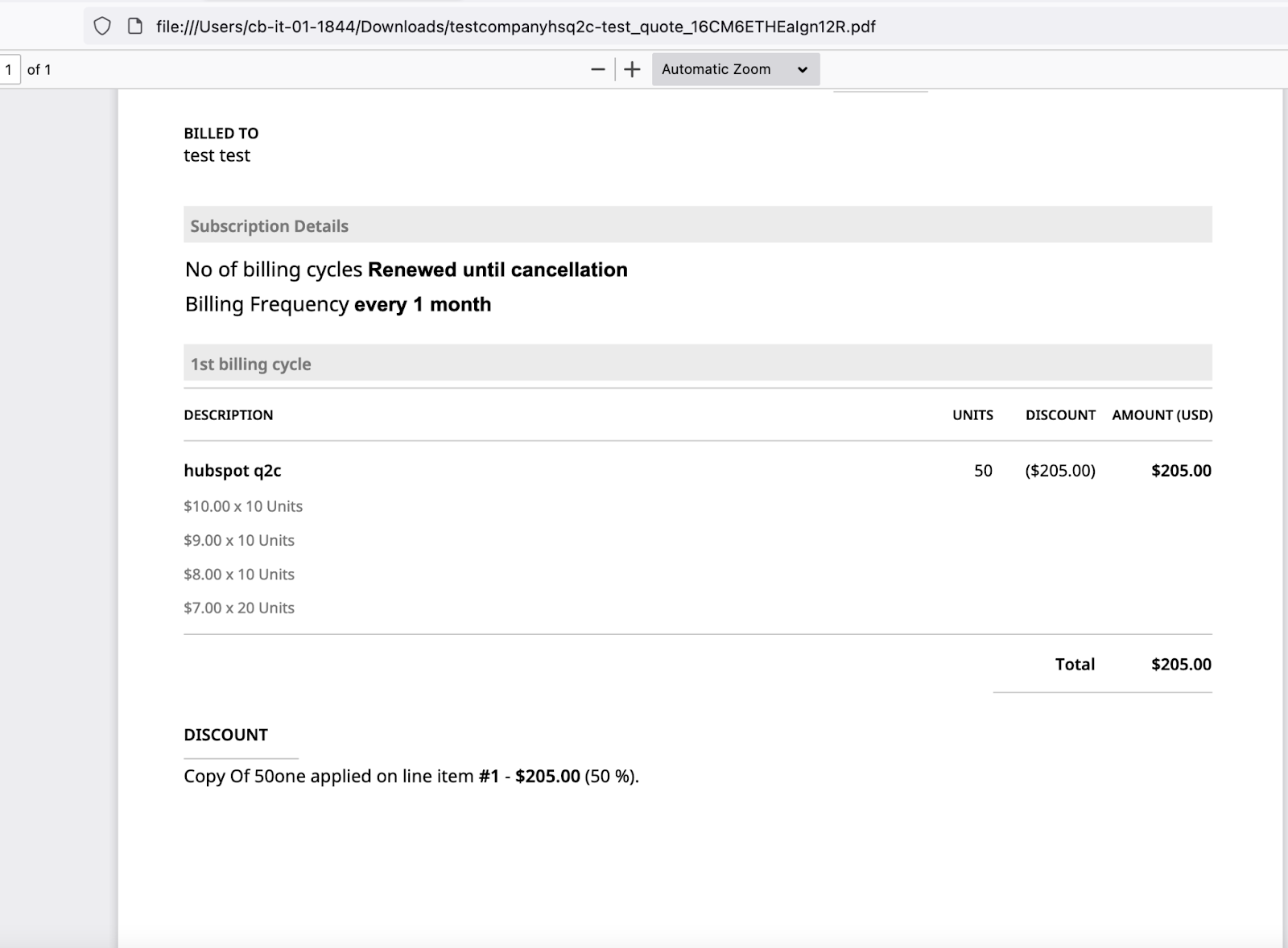 Quote with coupon applied to line item