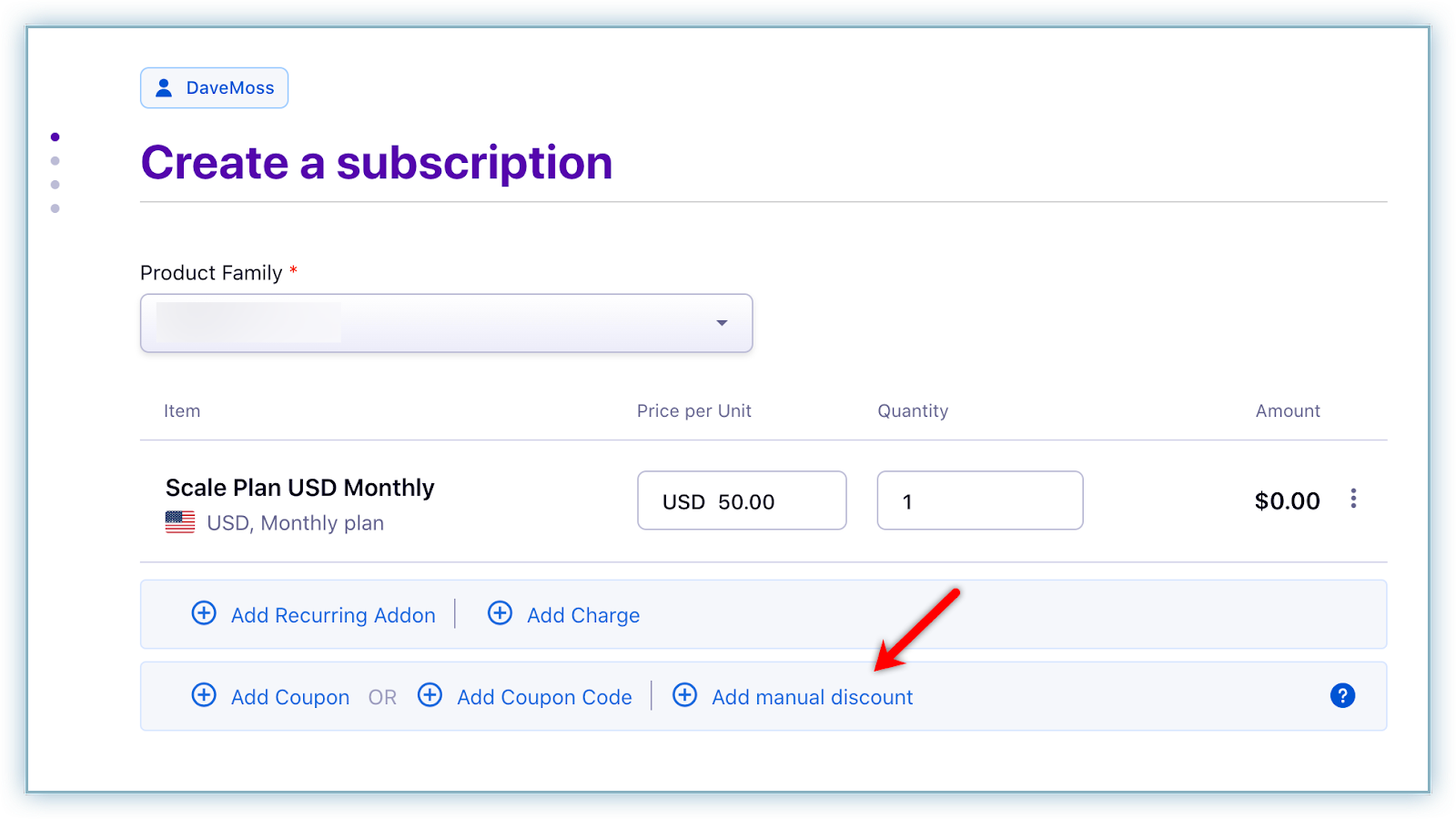 Create Subscription page with Add Manual Discount link