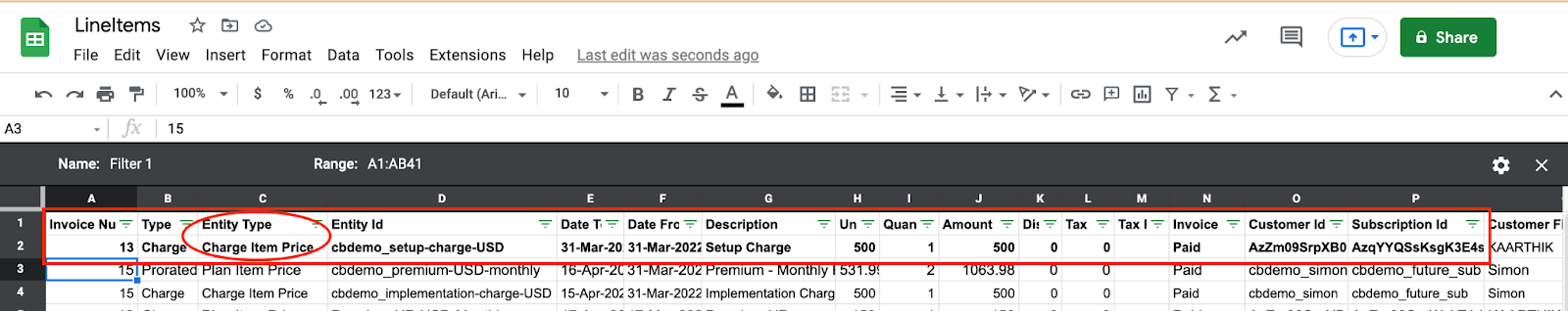 LineItems.csv with Entity type Charge Item Price for charges