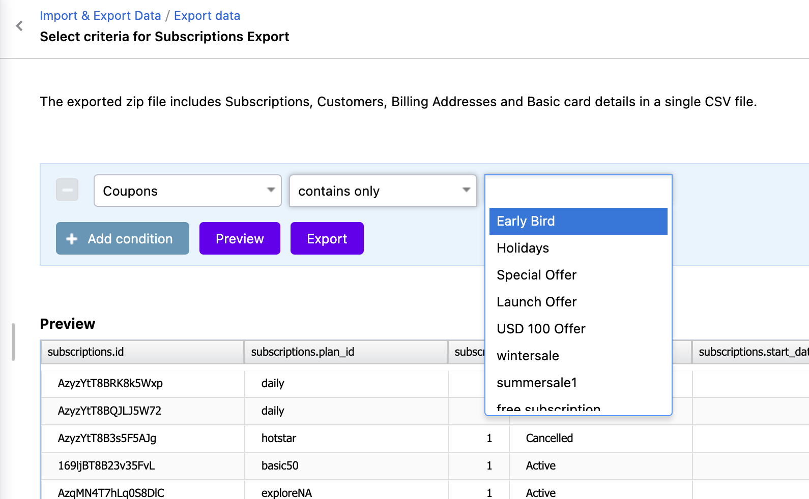 Export Data page with Subscription and Coupons filters