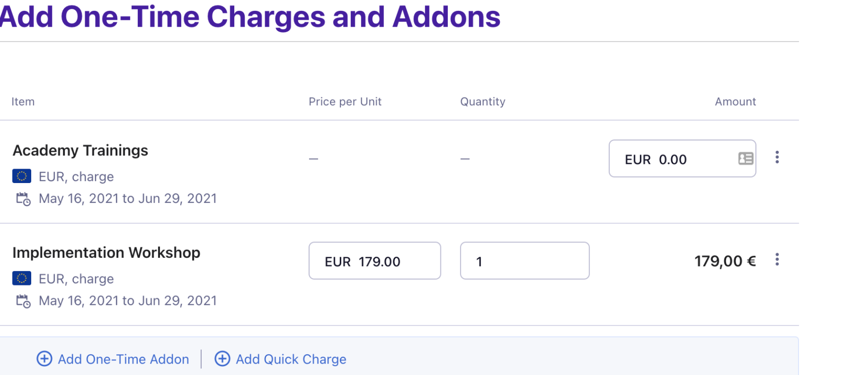 Addon configuration page with editable quantity field for unit-based addon