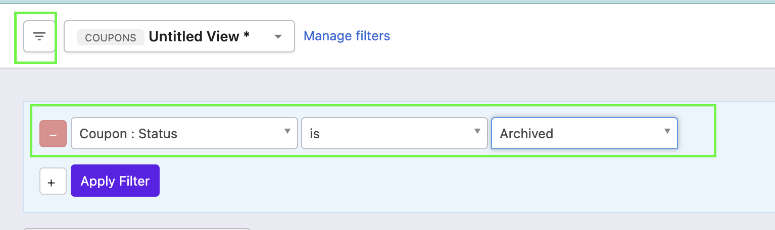 Coupon filter with Status is Archived