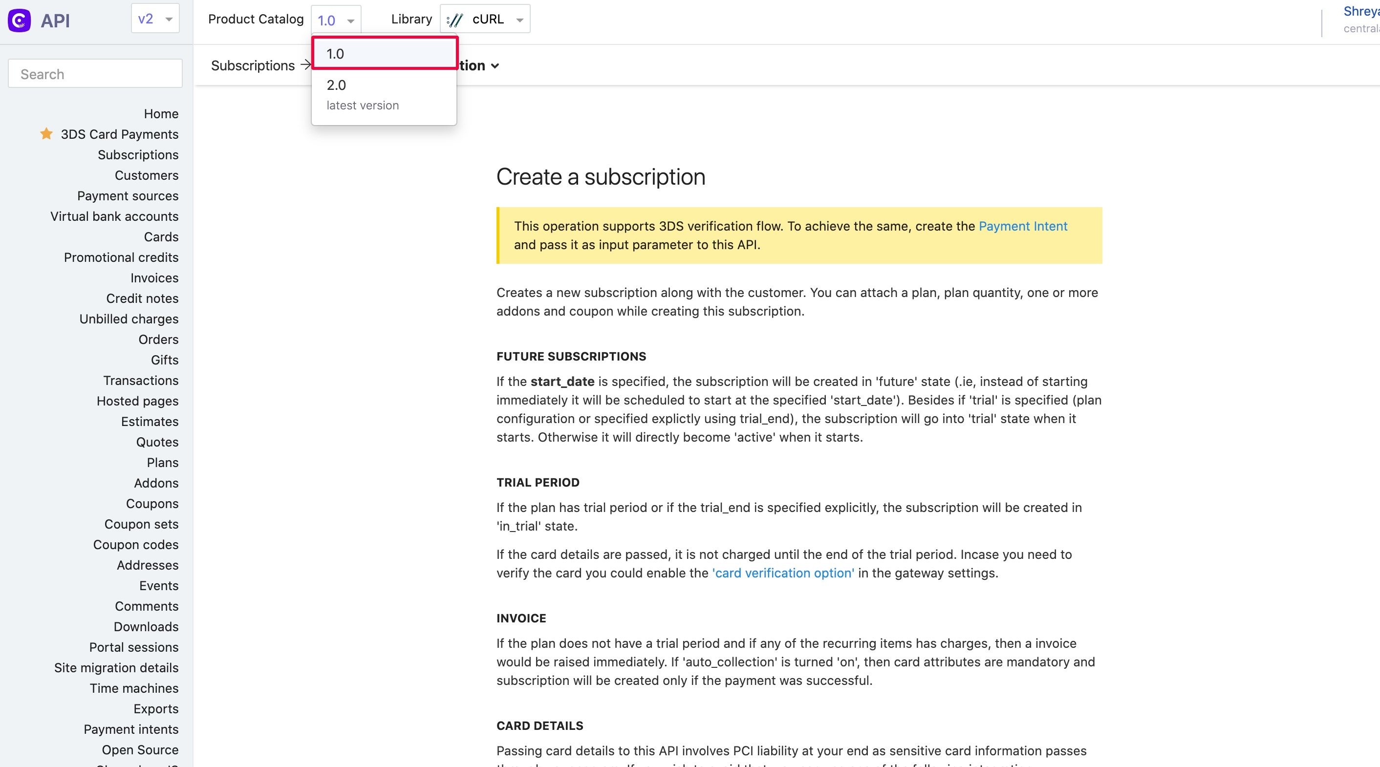 API documentation with Product Catalog version dropdown