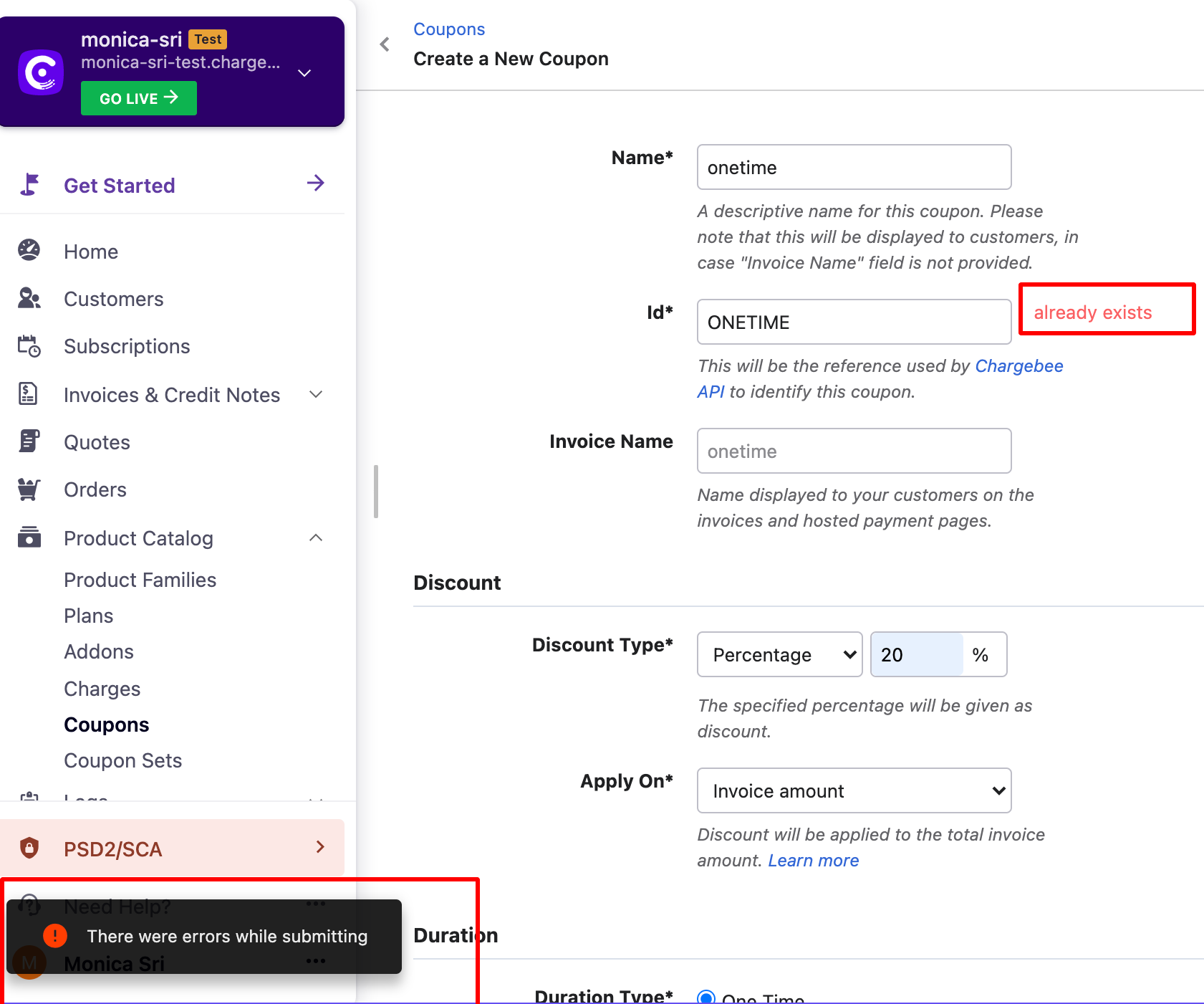 Coupon creation form showing coupon ID field and error message