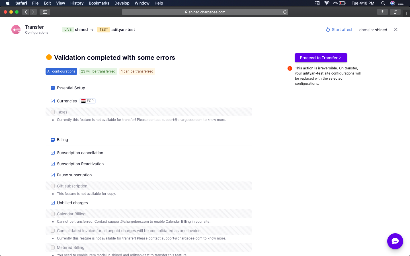 Proceed to transfer option