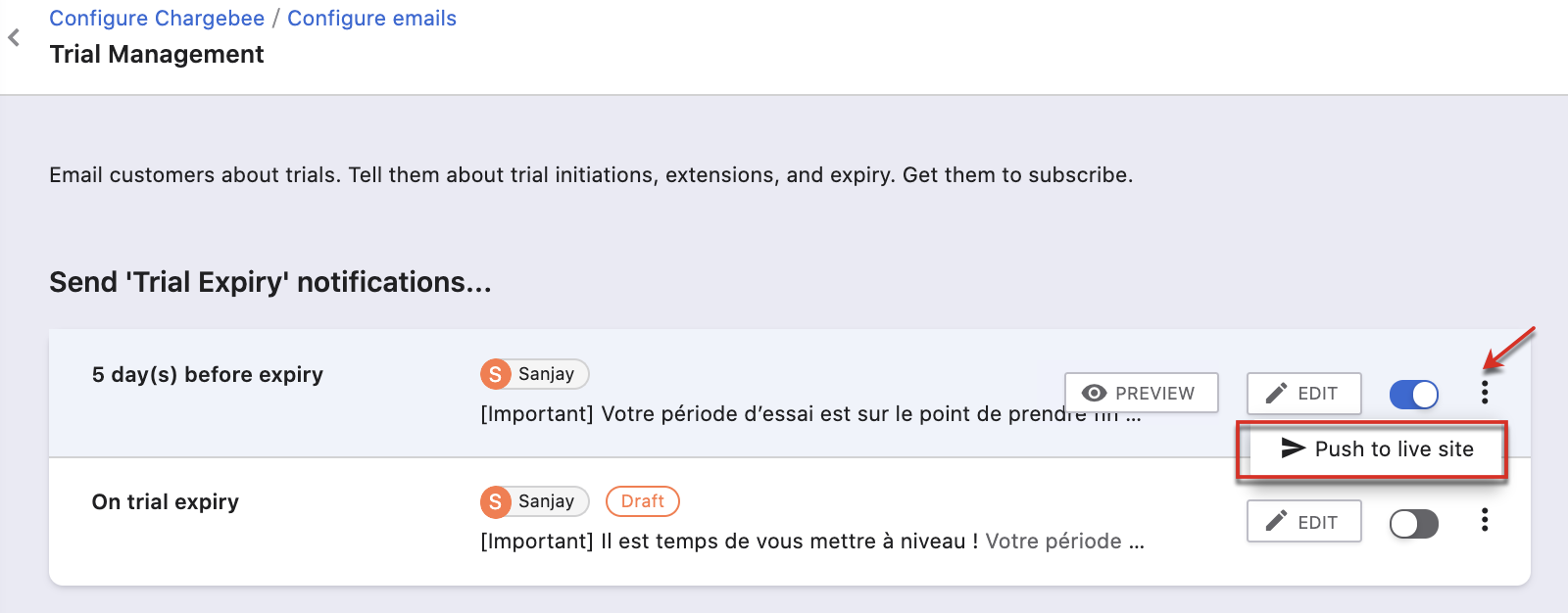 Push to live site option in email notification menu