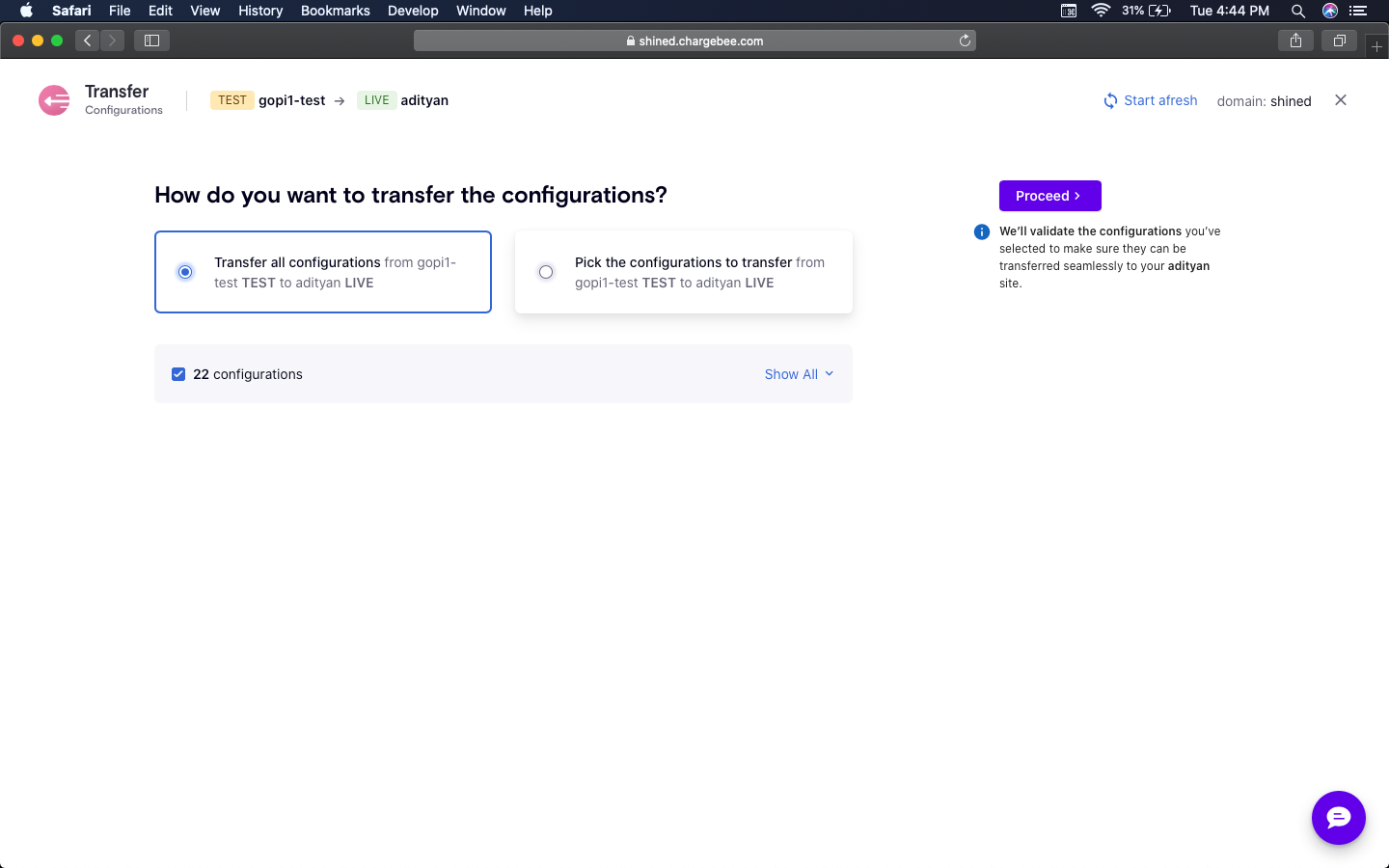 Configuration selection for LIVE site
