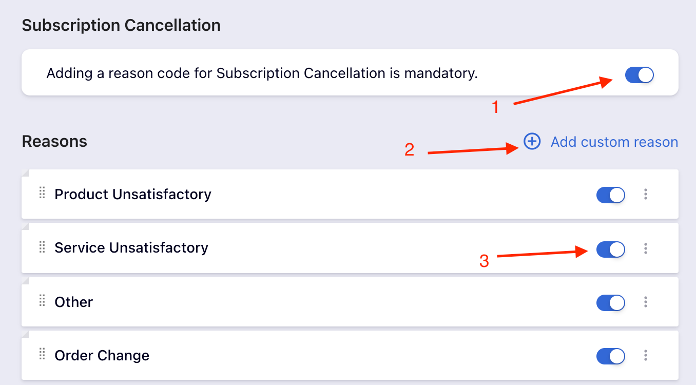 Reason code section with Mandatory, Add custom, and Enable/Disable options