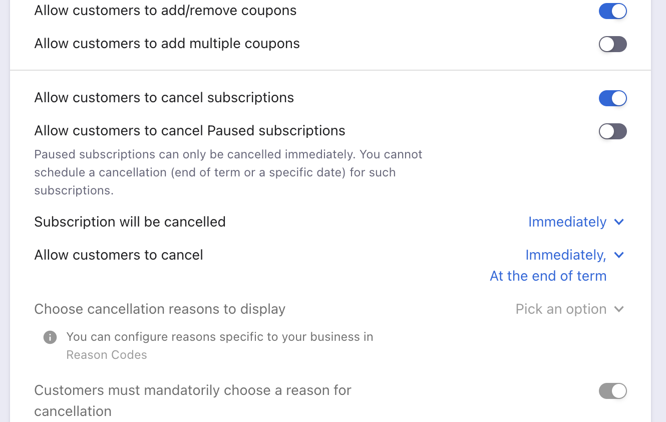 Portal cancel subscription and publish settings