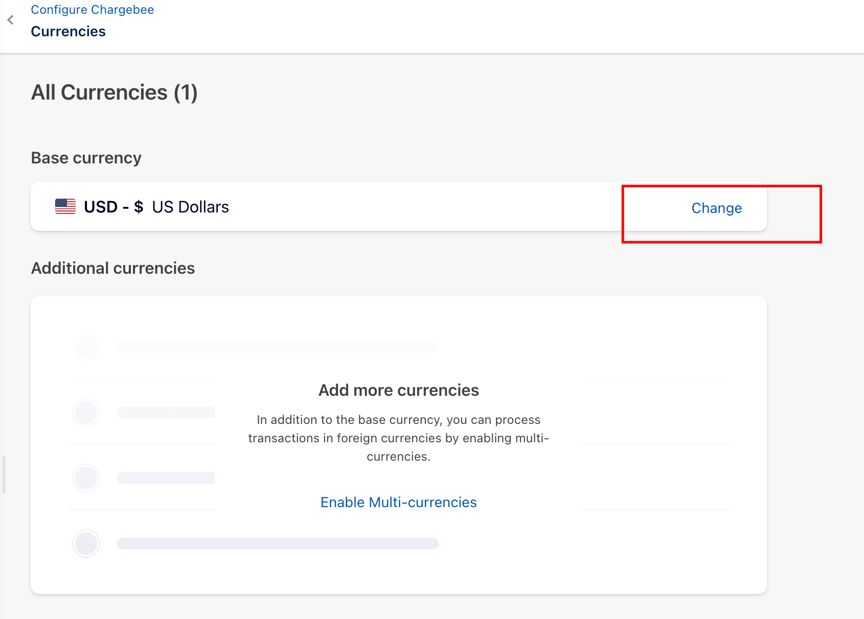 Currencies configuration in Configure Chargebee