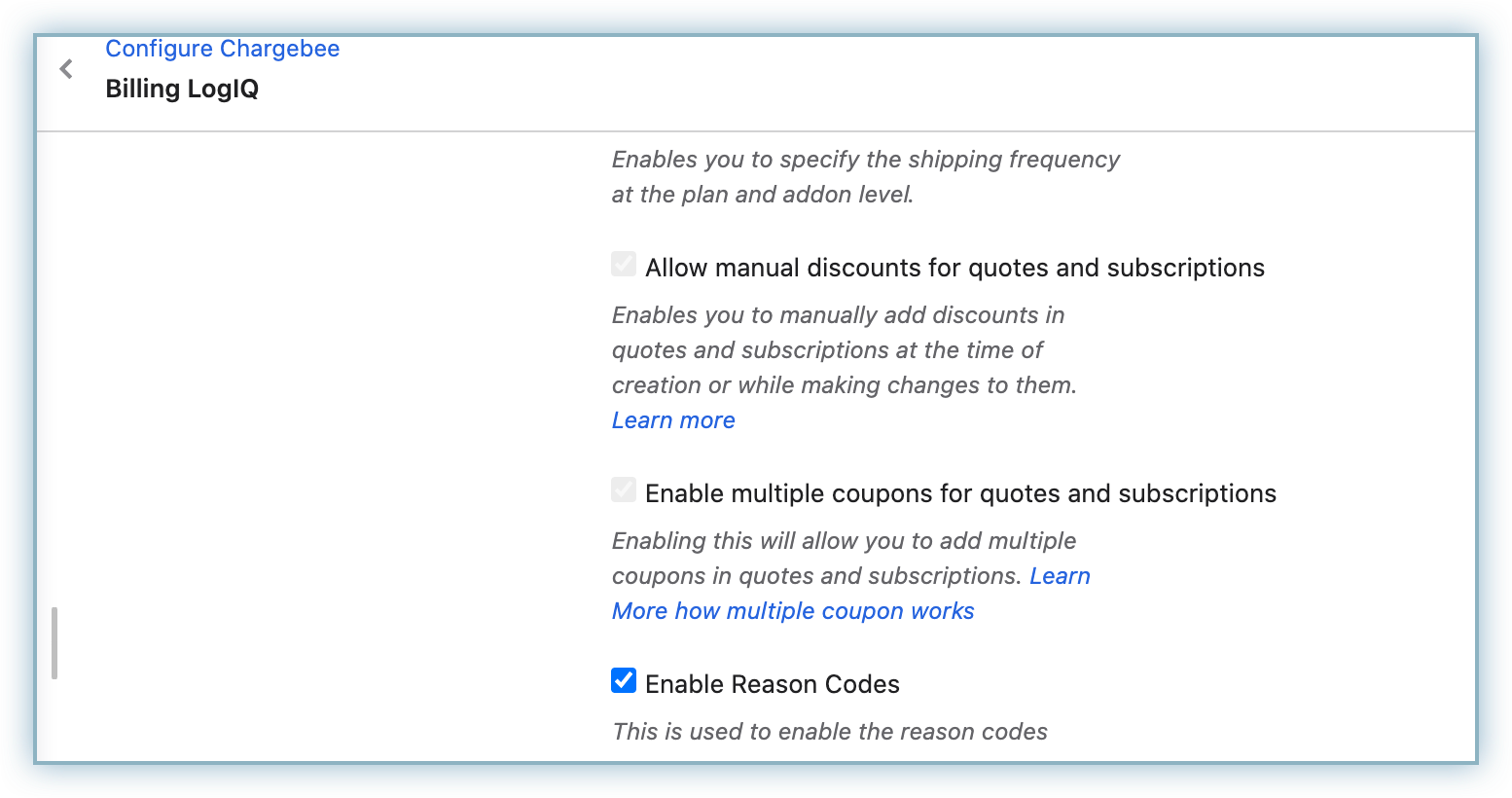 Enable Reason Codes checkbox in Billing LogIQ