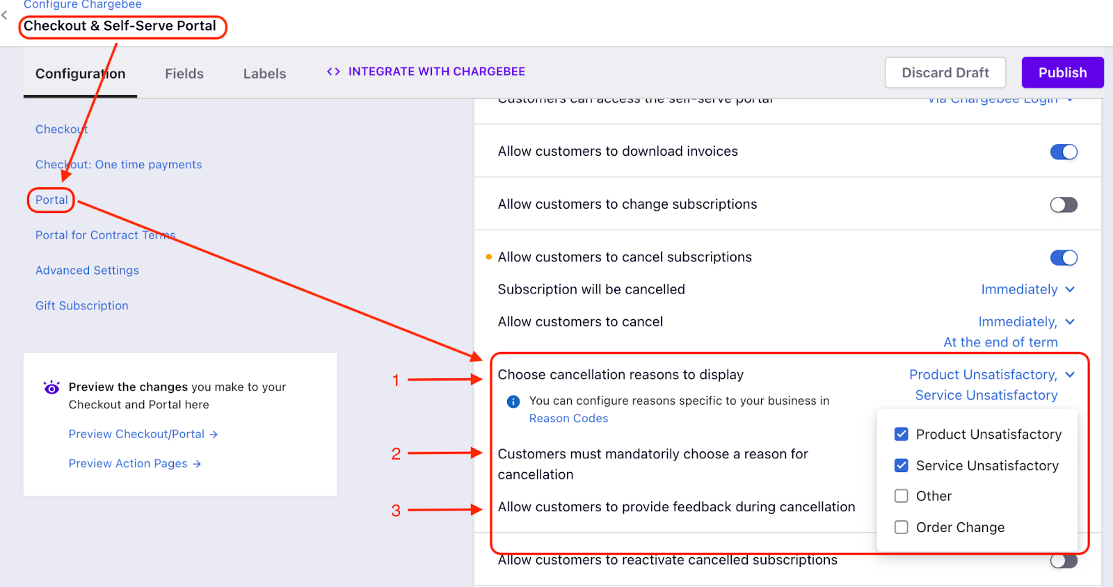 Portal settings with Cancel subscription options