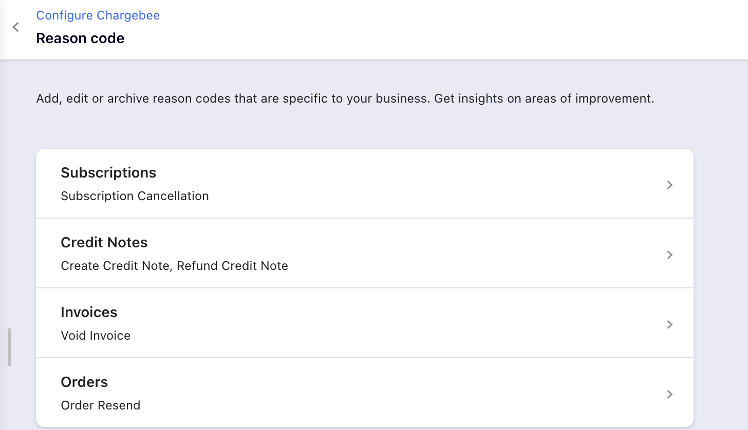 Reason Codes configuration page