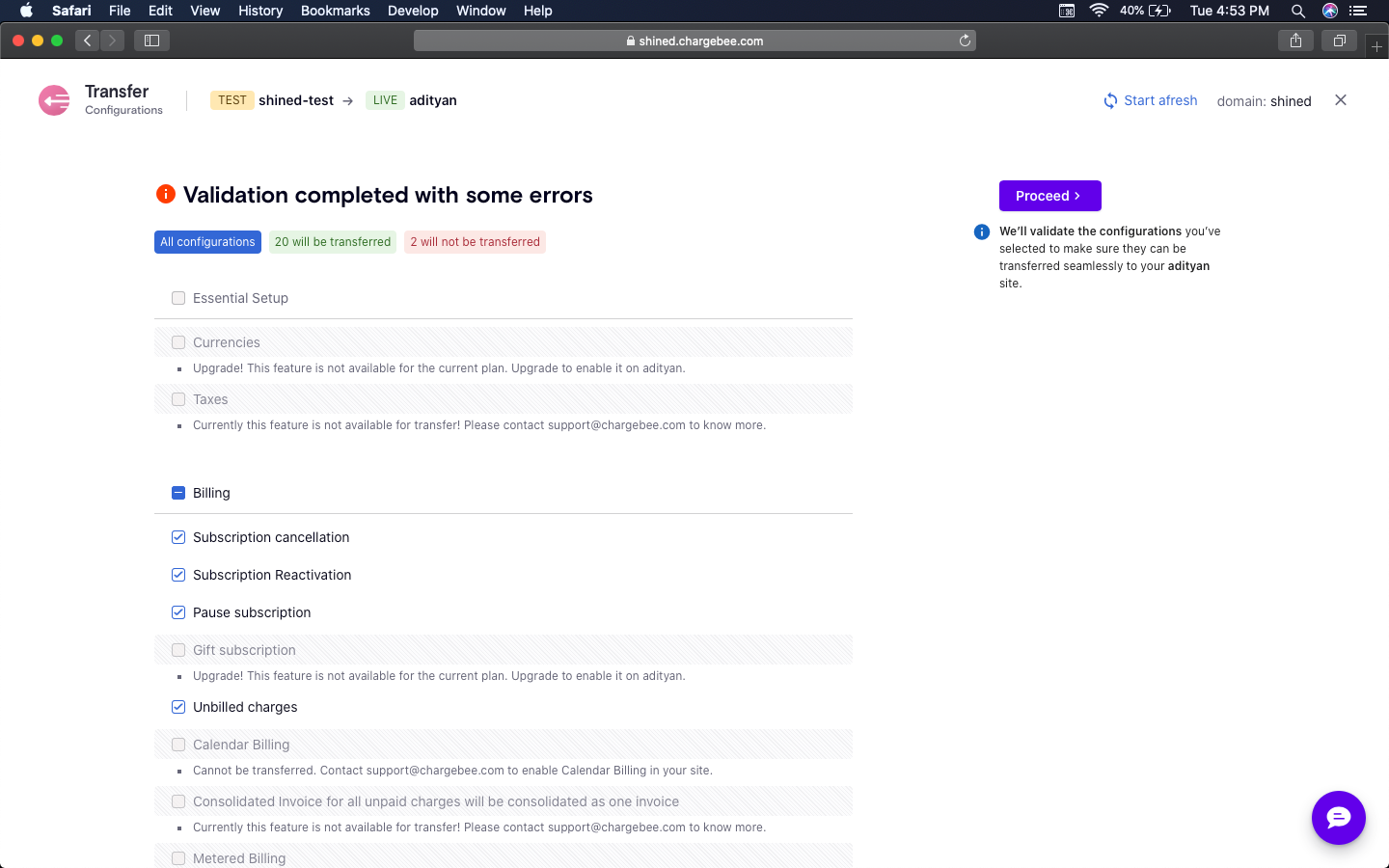 Proceed to transfer for LIVE site