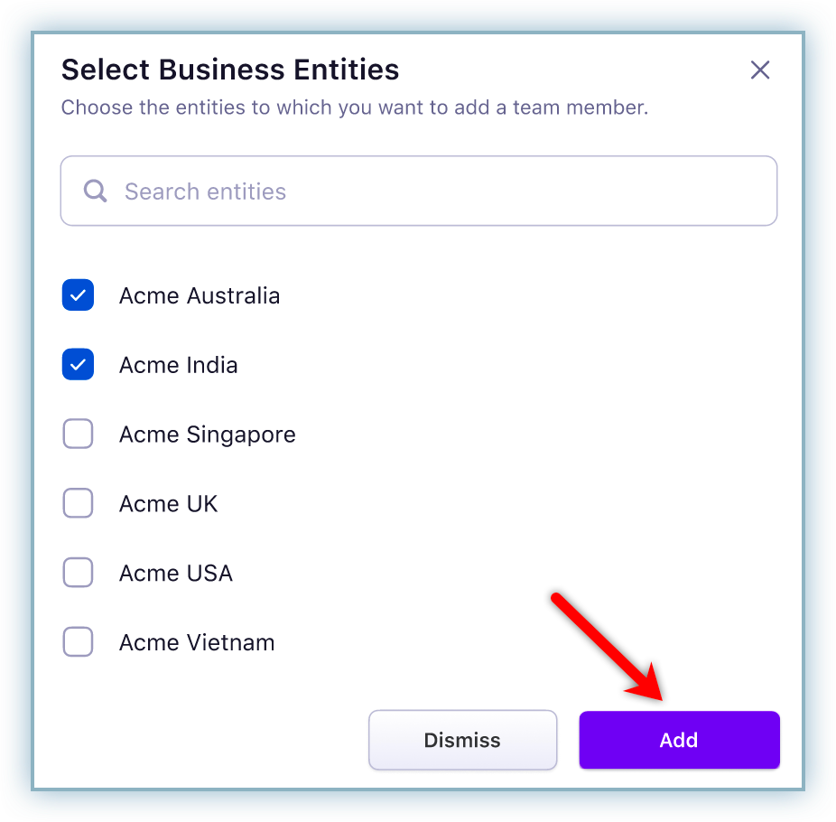 Entity selection checkboxes