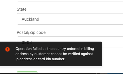 Error message for country verification failure