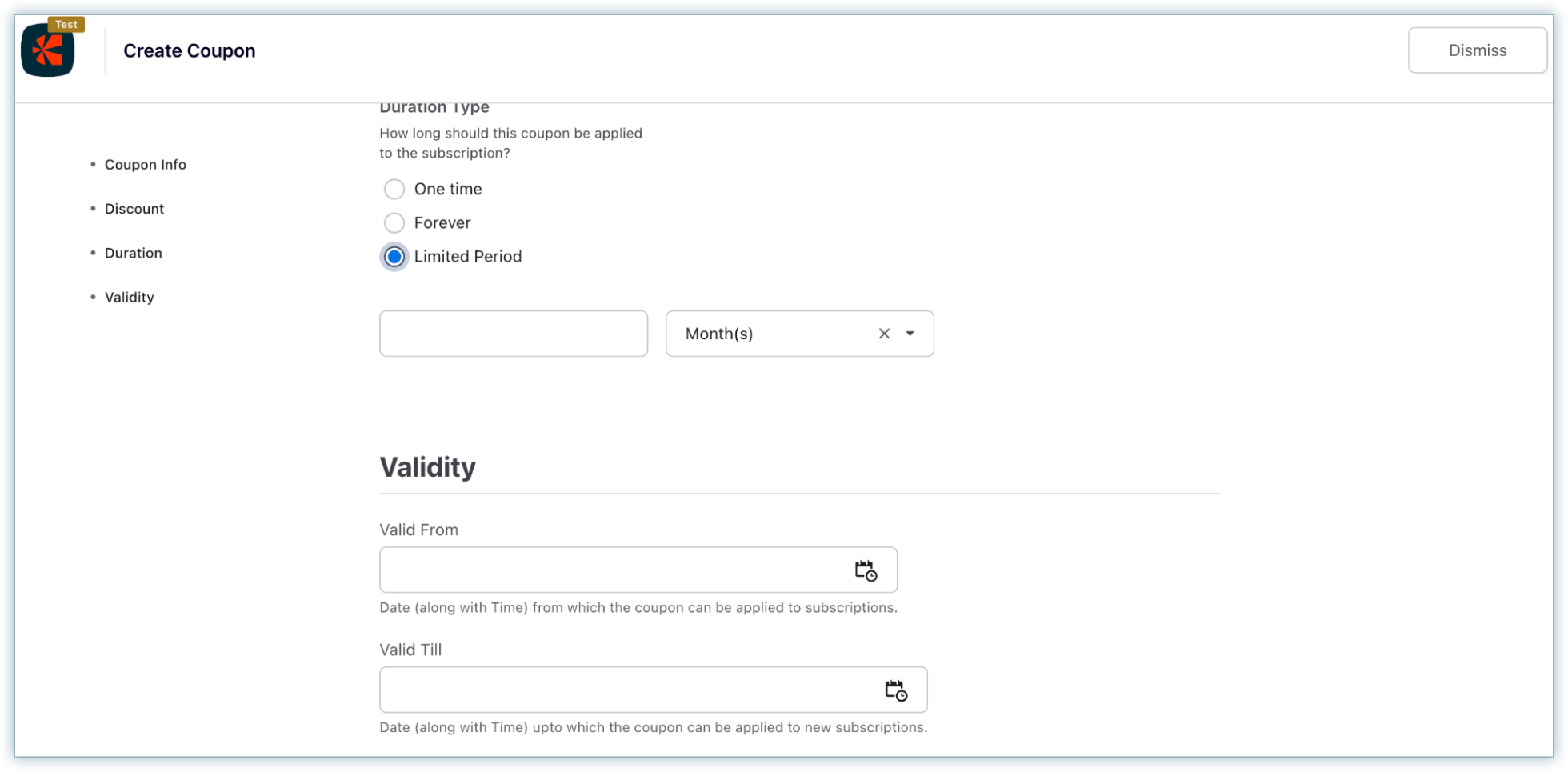 Coupon creation form showing Valid From field