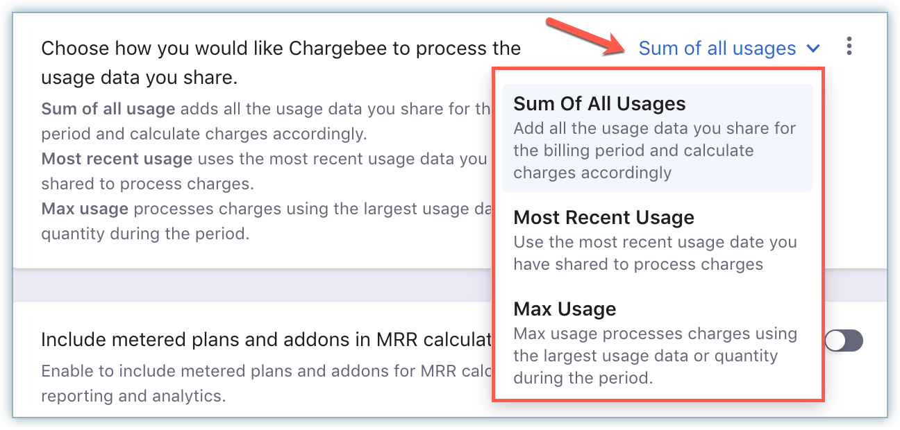 Usage data processing options - Sum, Most recent, Max Usage
