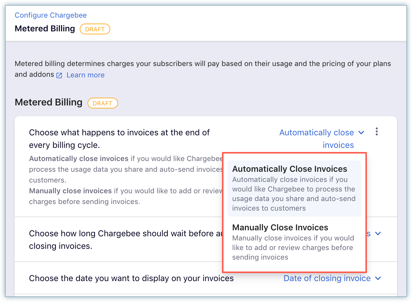 Metered billing settings showing Automatically close invoices and Manually close invoices options