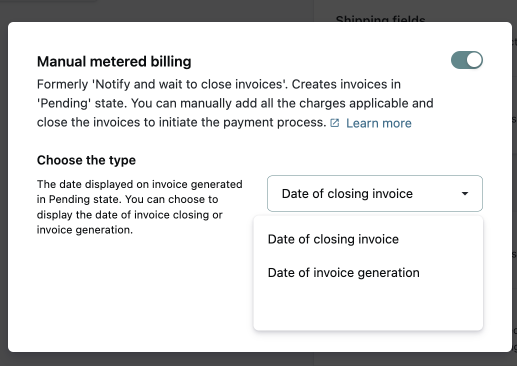 Billing LogIQ settings showing Notify and wait to close Invoices and invoice date options