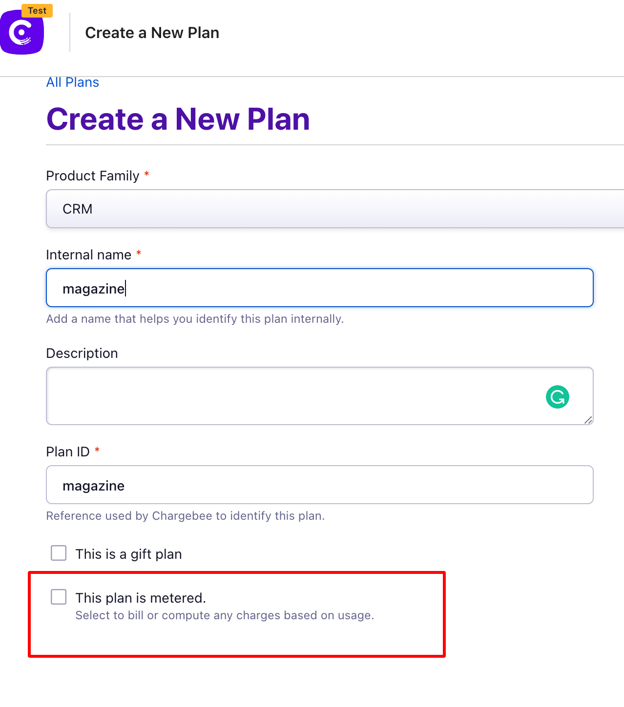 Plan creation screen showing metered and non-metered options